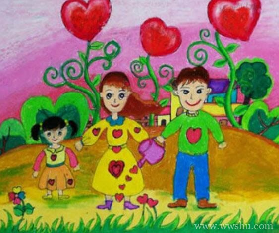 快乐的一家人儿童画作品