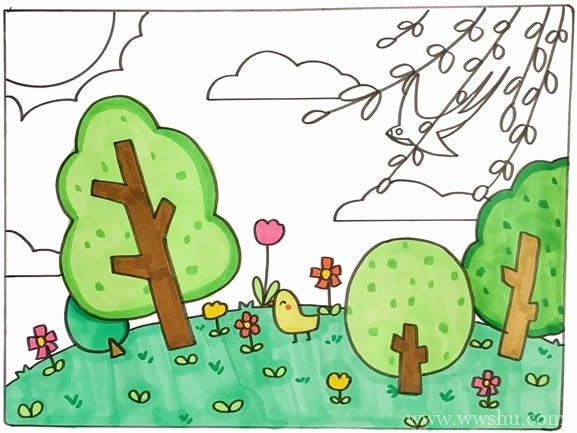 春天的图片景色画儿童画步骤画法教程