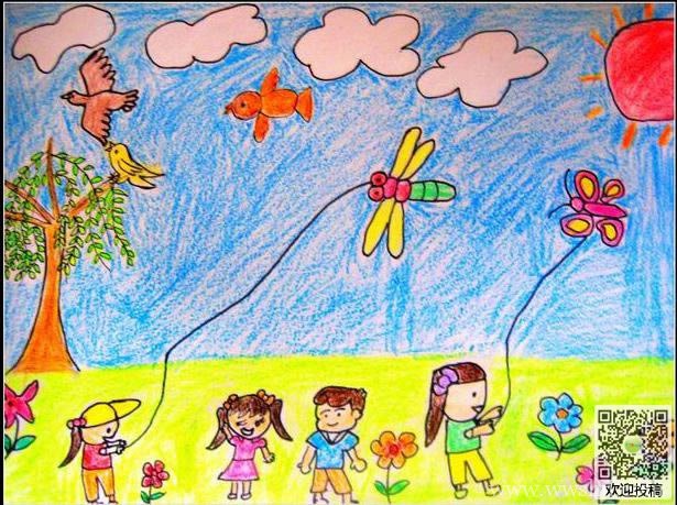 三年级春天放风筝儿童画简单又漂亮