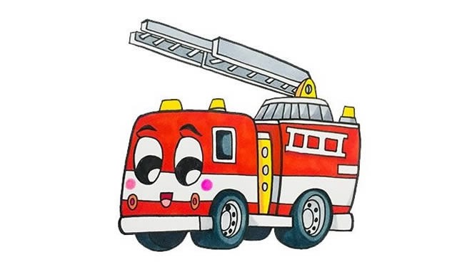 消防车简笔画彩色_儿童卡通消防车简笔画步骤图片大全